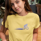 Woman wearing Woodland Cyclist Bear yellow cycling t-shirt bike tee
