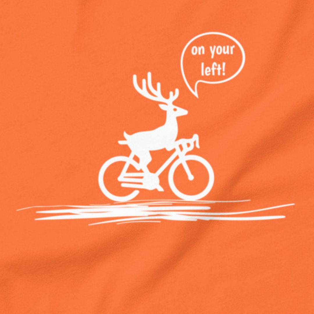 On Your Left Deer cycling t-shirt orange close-up funny bike design
