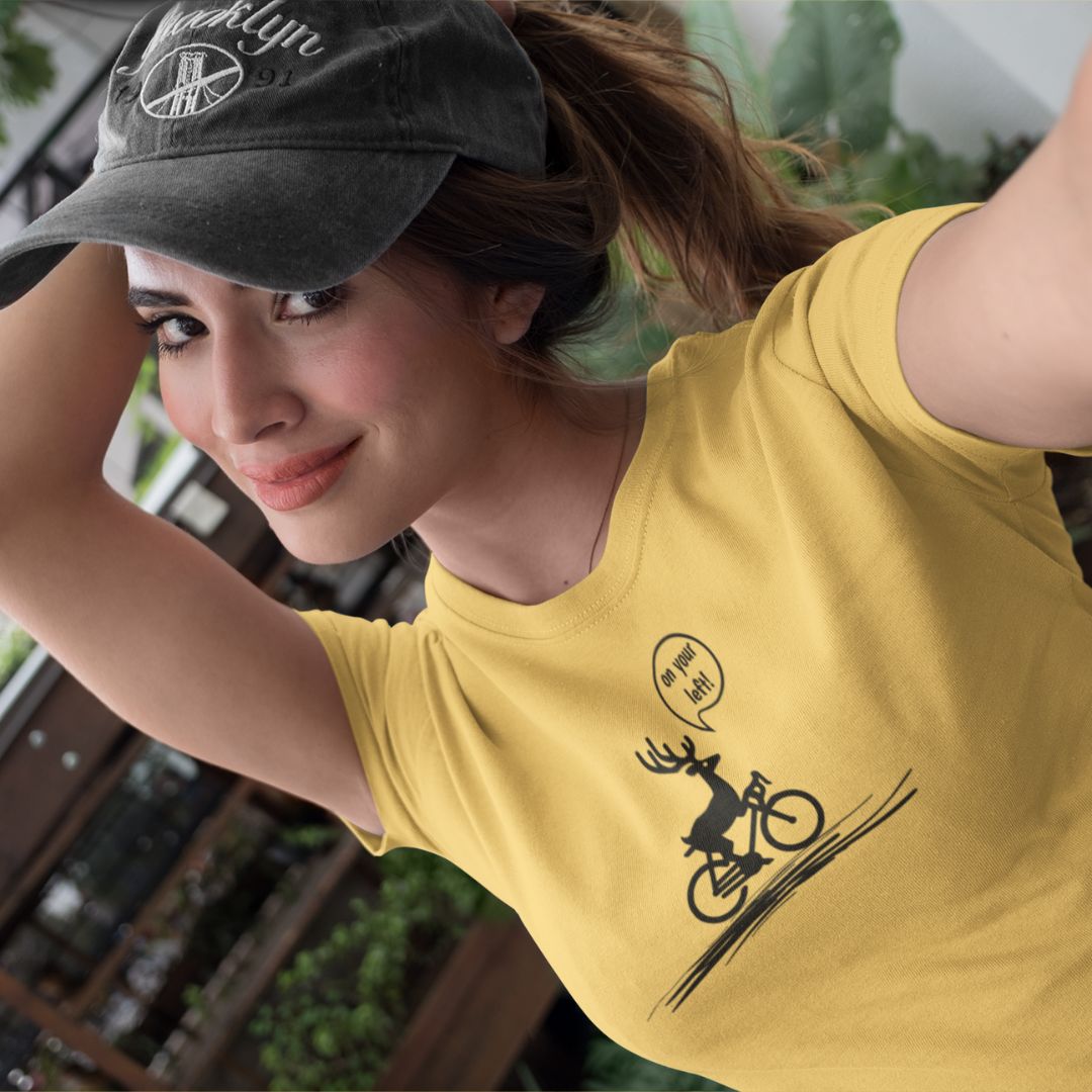 Woman wearing On Your Left Deer yellow funny cycling t-shirt
