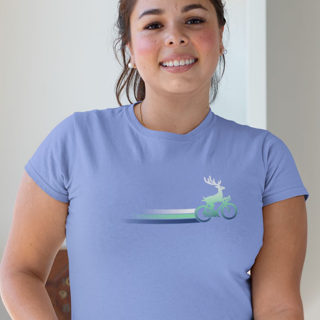 Woman wearing Woodland Cyclist Deer columbia blue cycling t-shirt
