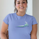 Woman wearing Woodland Cyclist Deer columbia blue cycling t-shirt

