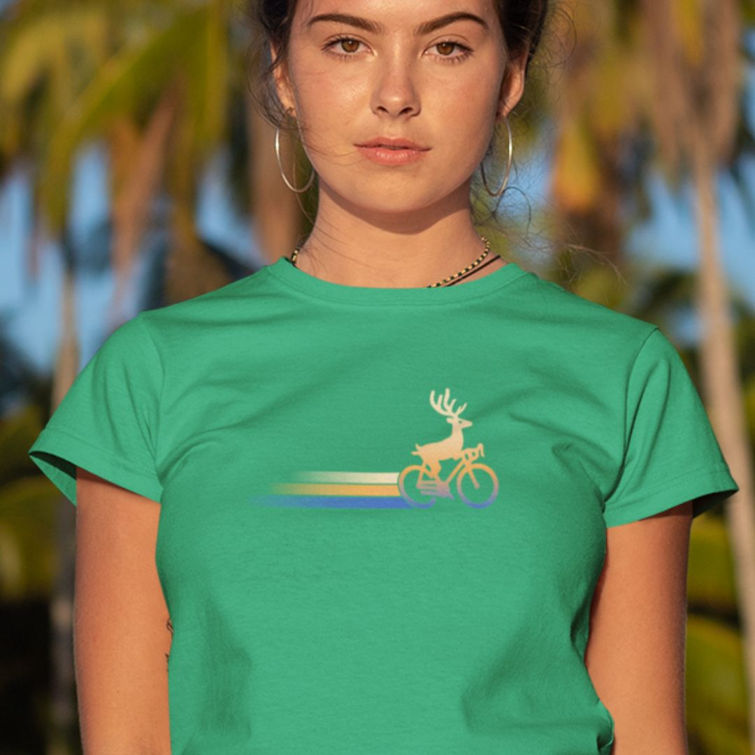 Woman wearing Woodland Cyclist Deer kelly green cycling t-shirt
