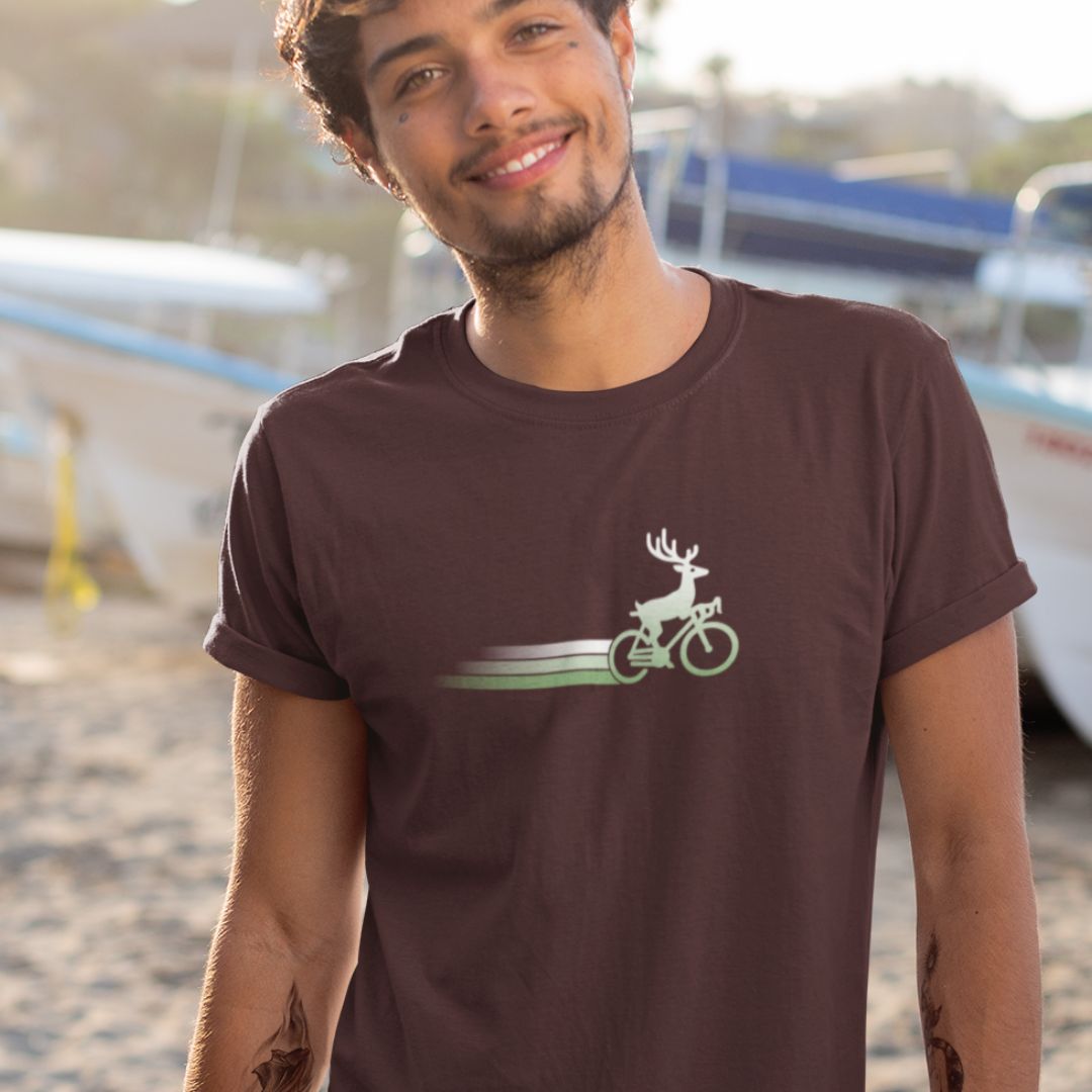 Man wearing Woodland Cyclist Deer oxblood cycling t-shirt bike tee
