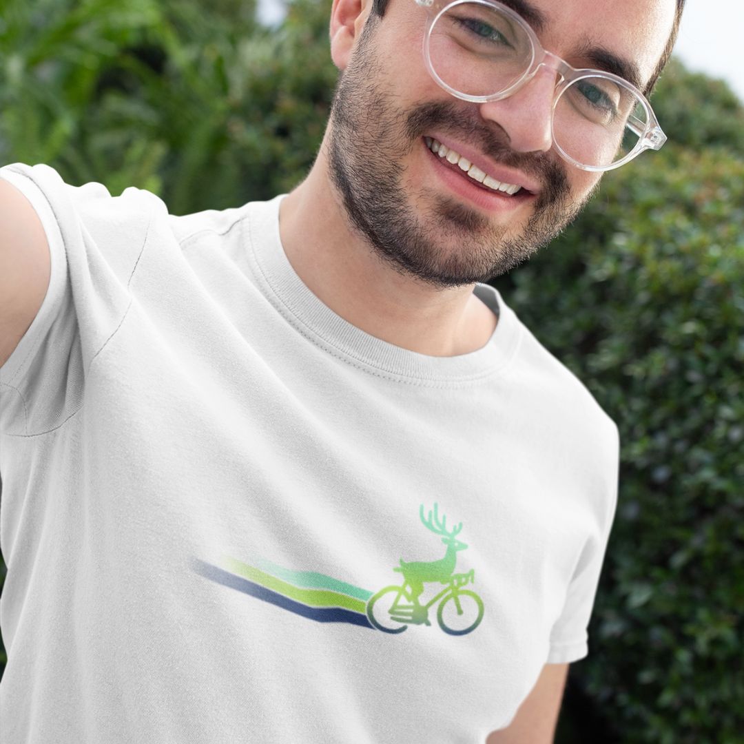 Man wearing Woodland Cyclist Deer white cycling t-shirt
