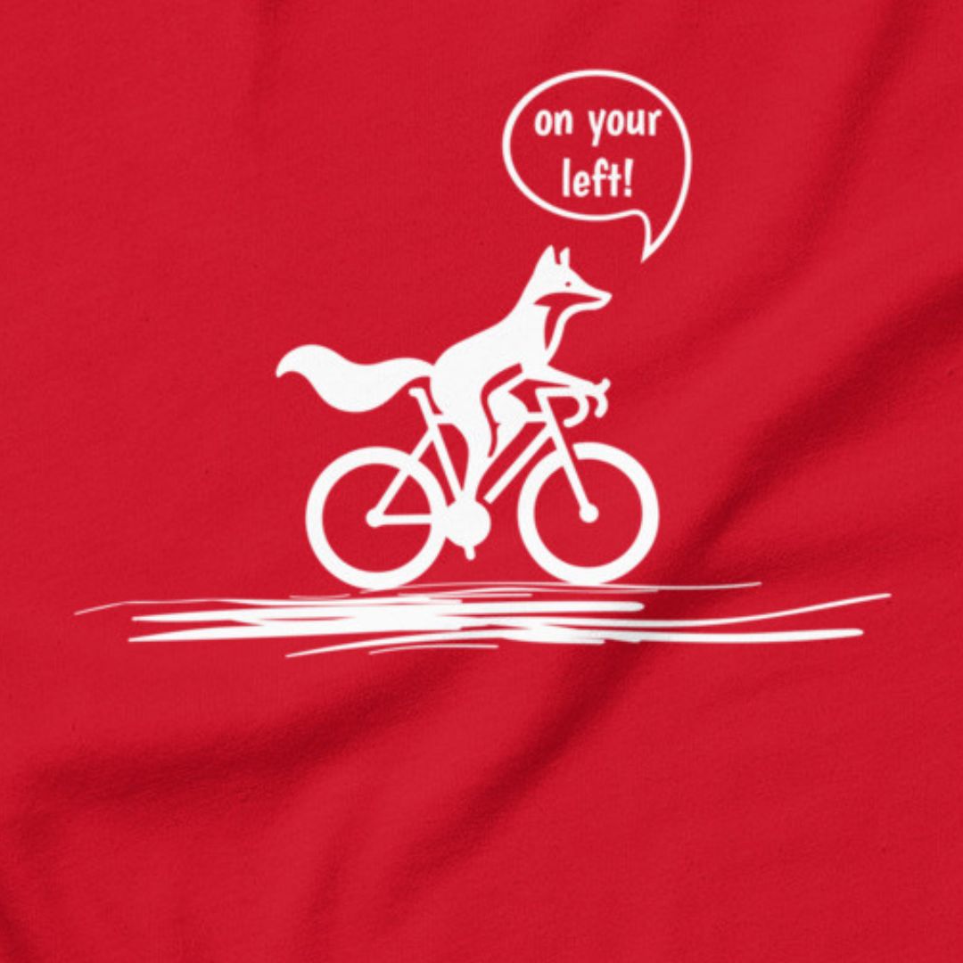 On Your Left Fox cycling t-shirt red close-up funny bike design
