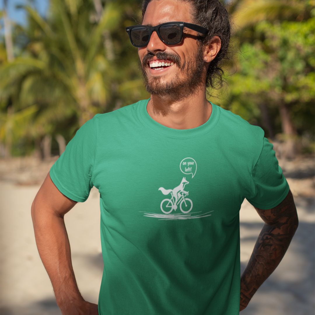 Man wearing On Your Left Fox green cycling t-shirt bike humor
