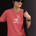 Woman wearing On Your Left Fox heather red funny cycling t-shirt
