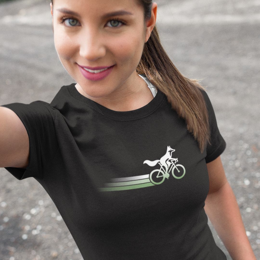 Woman wearing Woodland Cyclist Fox black cycling t-shirt bike tee
