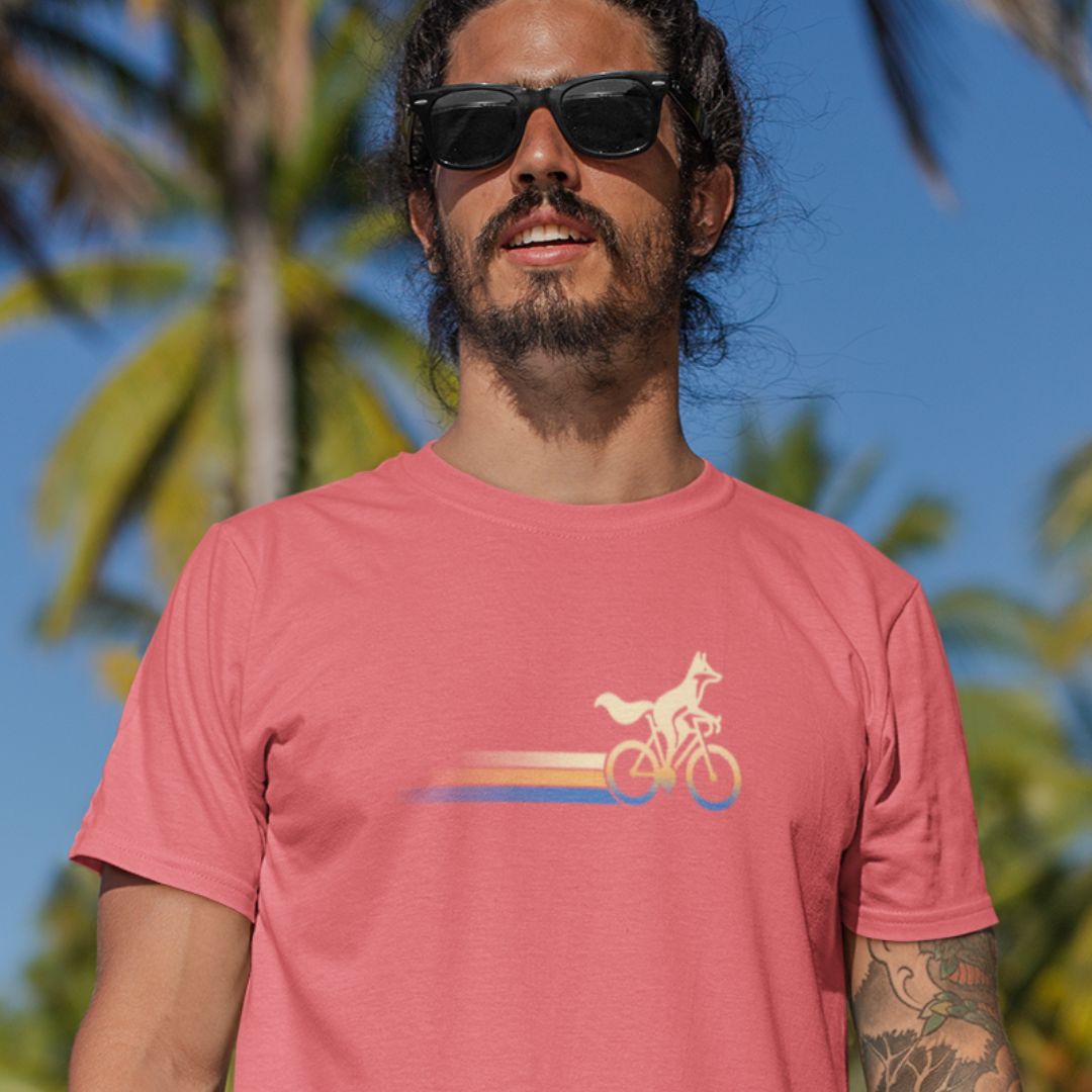 Man wearing Woodland Cyclist Fox heather red cycling t-shirt bike

