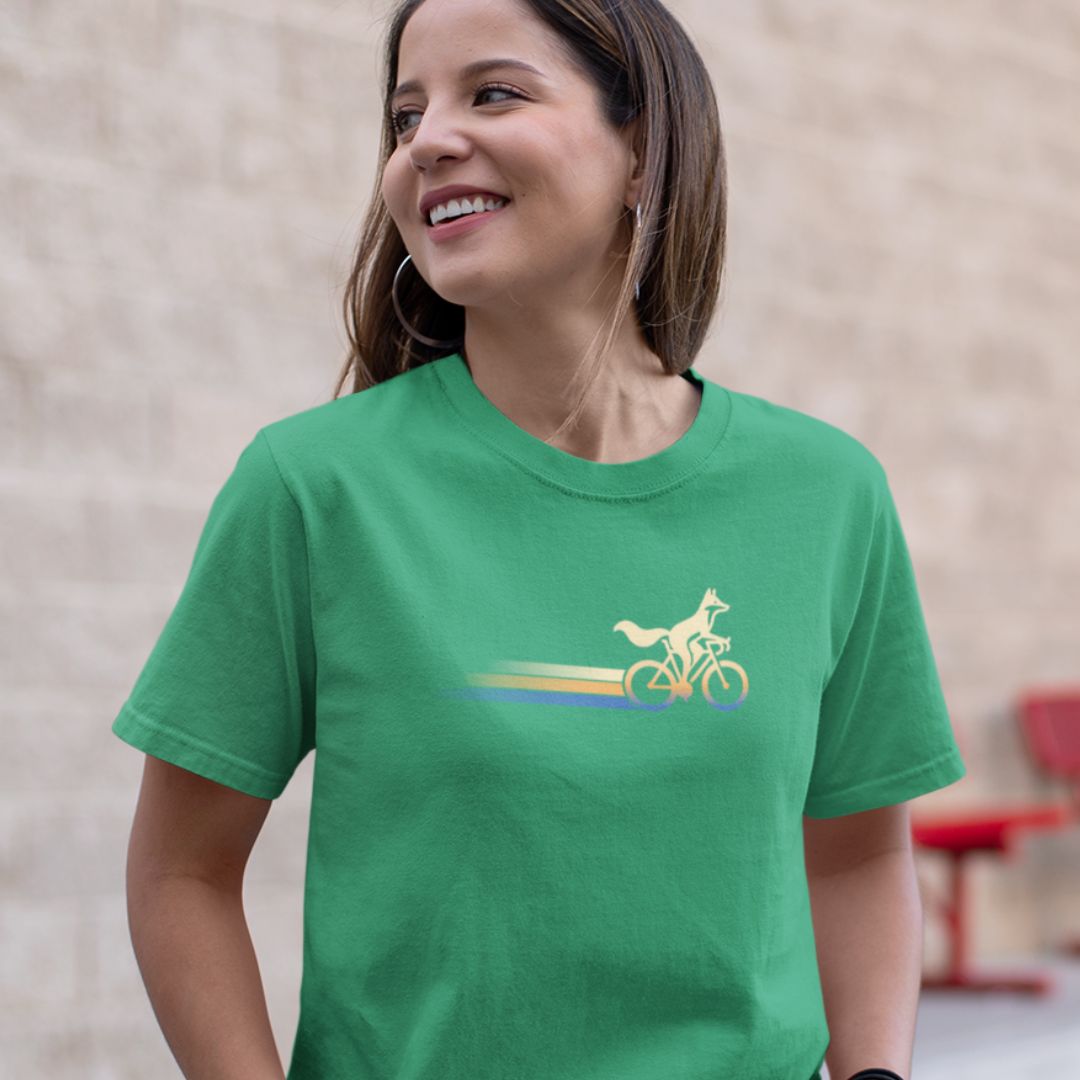 Woman wearing Woodland Cyclist Fox kelly green cycling t-shirt
