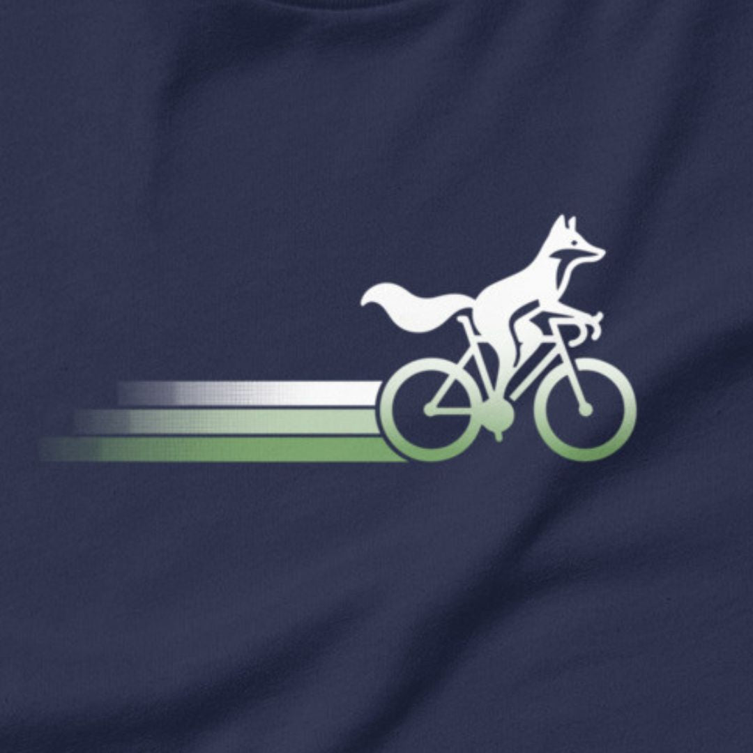 Woodland Cyclist Fox cycling t-shirt navy close-up bike design
