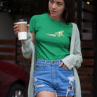 Woman wearing Woodland Cyclist Raccoon kelly green cycling t-shirt
