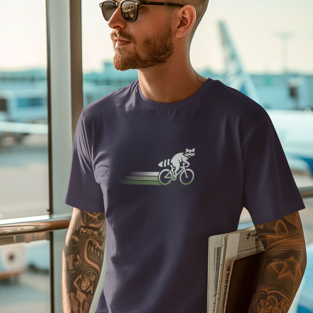 Man wearing Woodland Cyclist Raccoon navy cycling t-shirt bike
