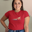 Woman wearing Woodland Cyclist Raccoon red cycling t-shirt bike tee
