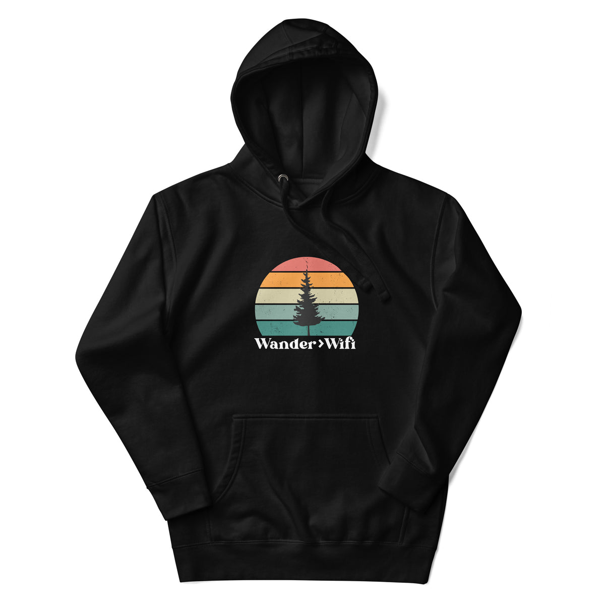 Wander is Greater than Wifi black hoodie front view adventure design
