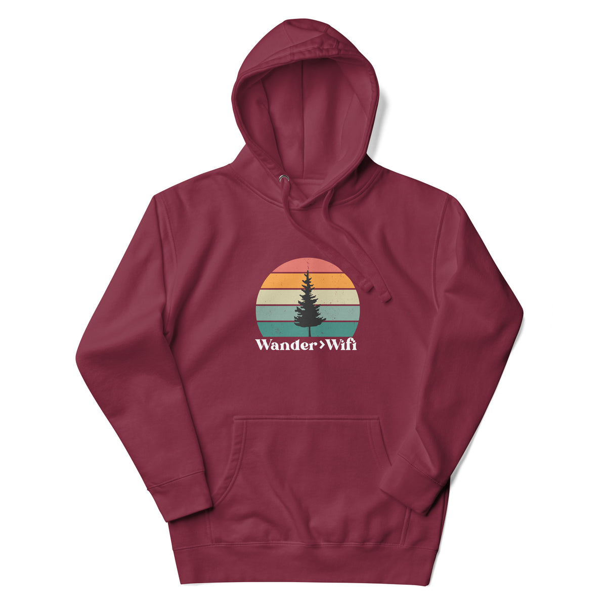 Wander is Greater than Wifi maroon hoodie front view outdoor apparel
