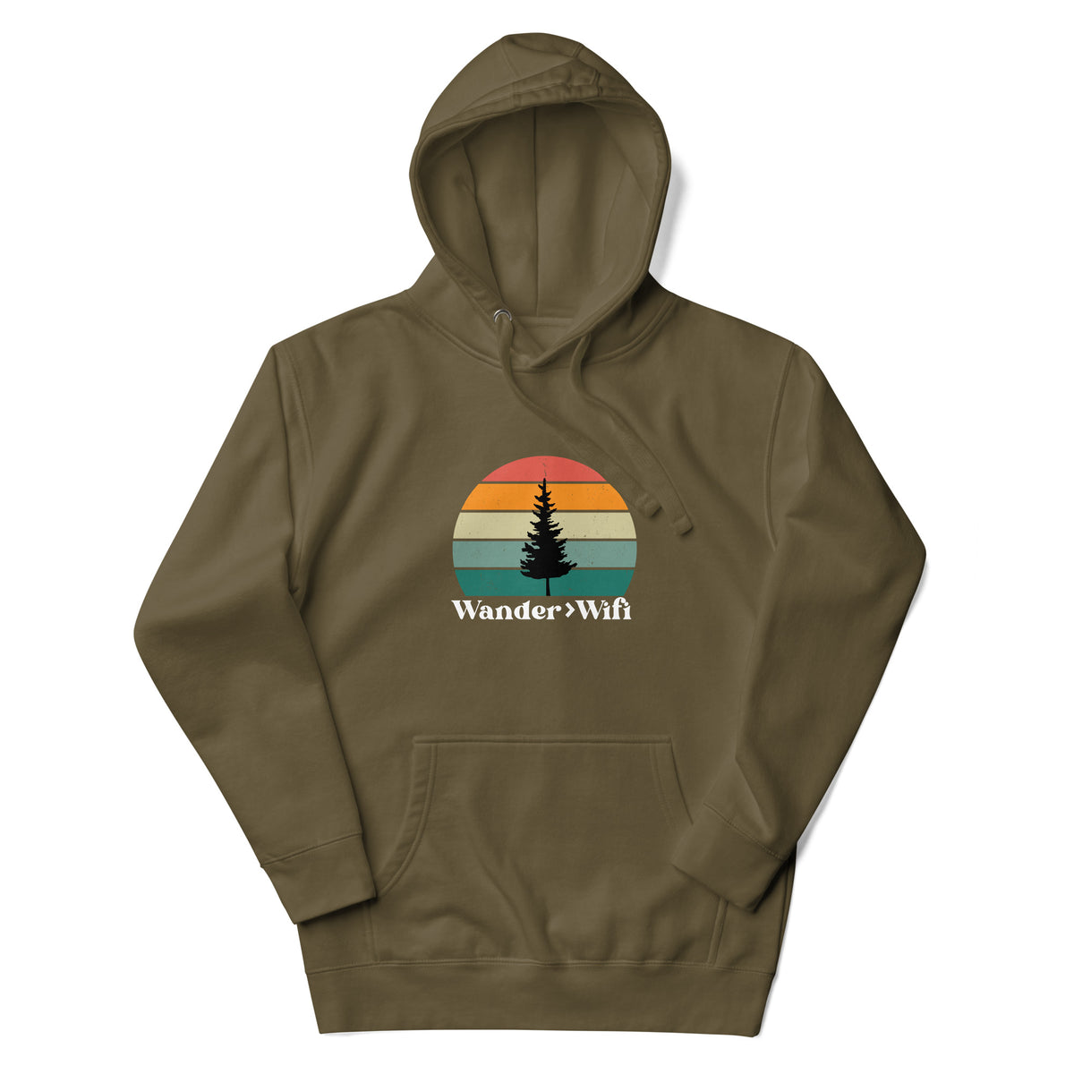 Wander is Greater than Wifi military green hoodie front view outdoor hoodie
