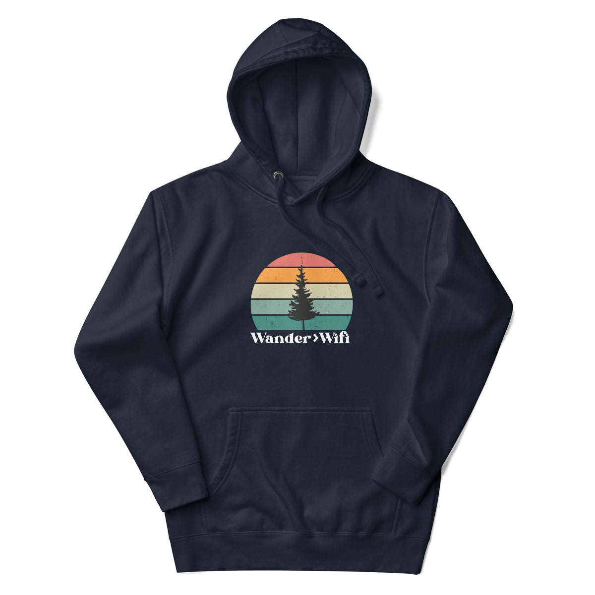 Wander is Greater than Wifi navy hoodie front view outdoor adventure
