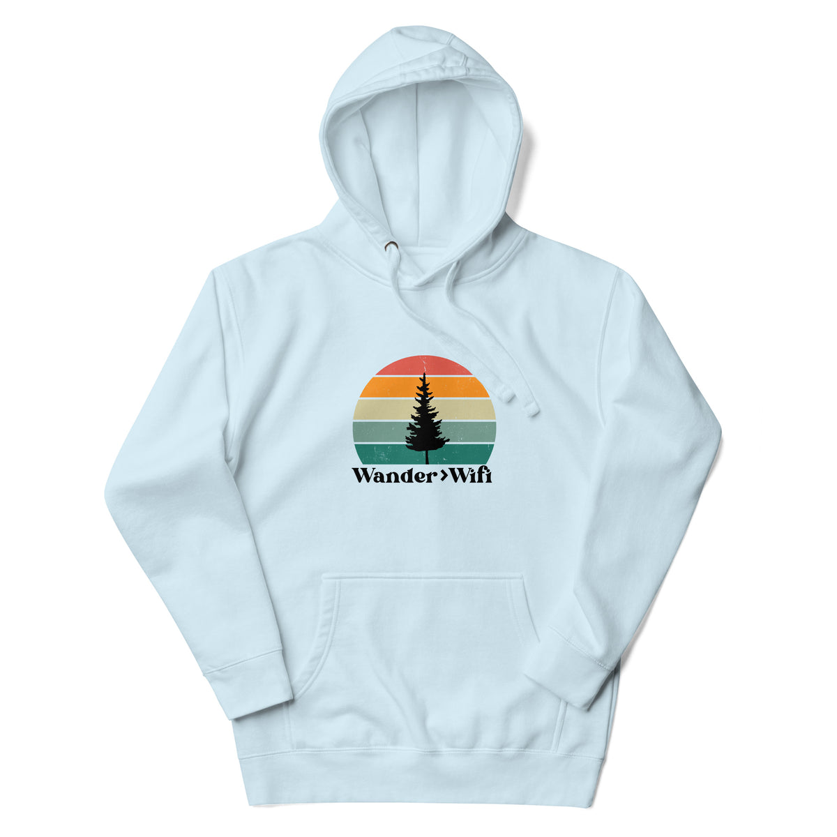 Wander is Greater than Wifi sky blue hoodie front view adventure graphic
